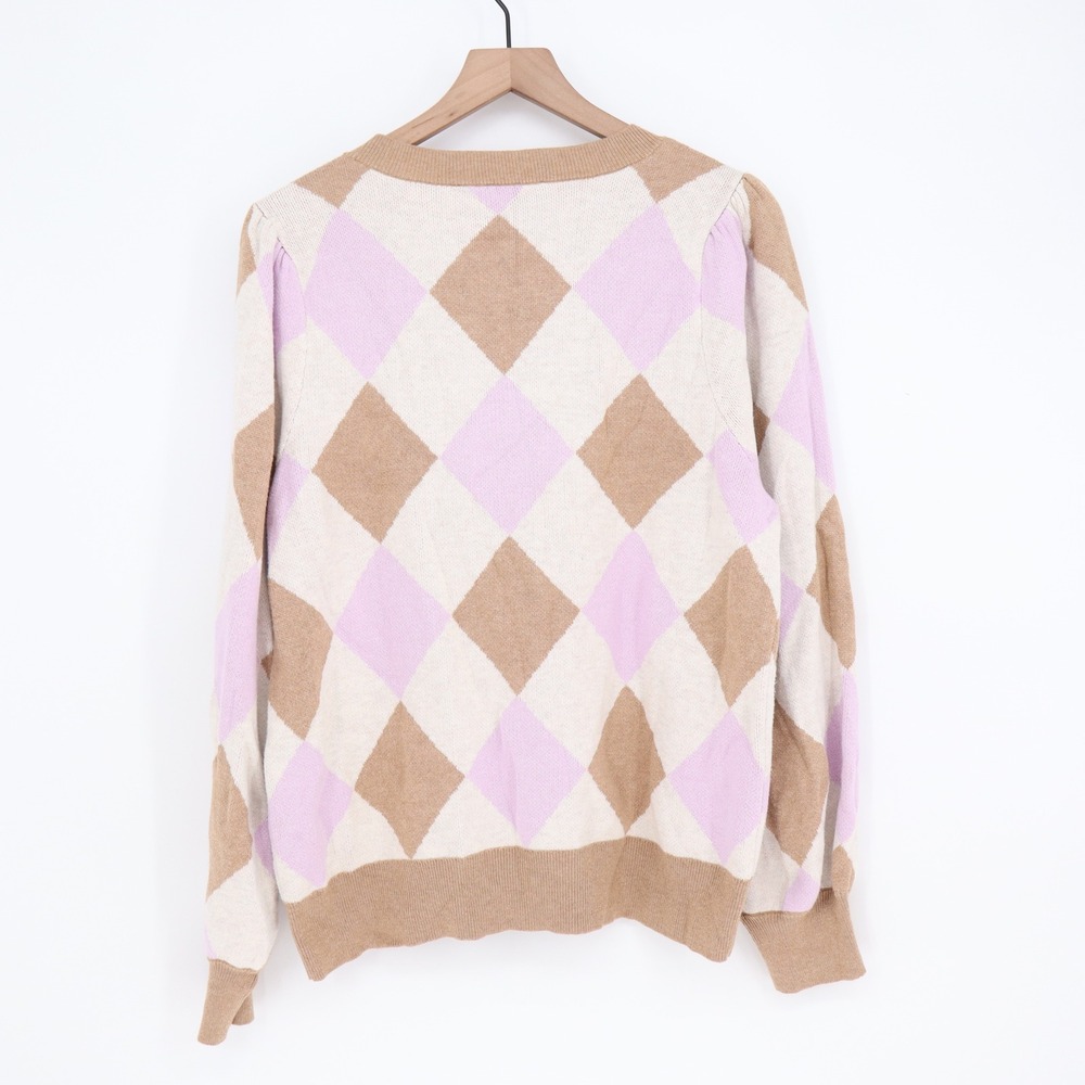 LOFT Sweater Womens XL Argyle Puff Sleeve Tan Purple Cream Knit Excellent - Picture 4 of 5